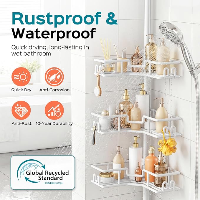 HAMITOR Corner Shower Organizer, 4-Tier Tension Pole Caddy with Hook, White | Rustproof Large Capacity Bathroom Essentials, No Drilling. Heavy Duty, Adjustable For Family, Apartment, Dorm 47.72-123.6in