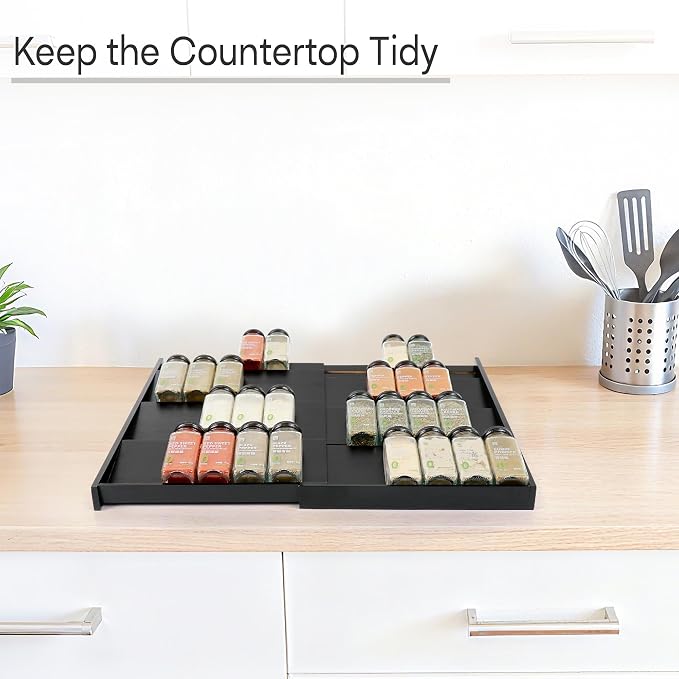 Bamboo Spice Drawer Organizer, (Need 3.1” Deep Drawer) Expandable 4 Tier Spice Rack for Cabinet (From 12" to 23" Wide), Seasoning Storage Insert, Spice Organizer for Drawer,Jars Not Included