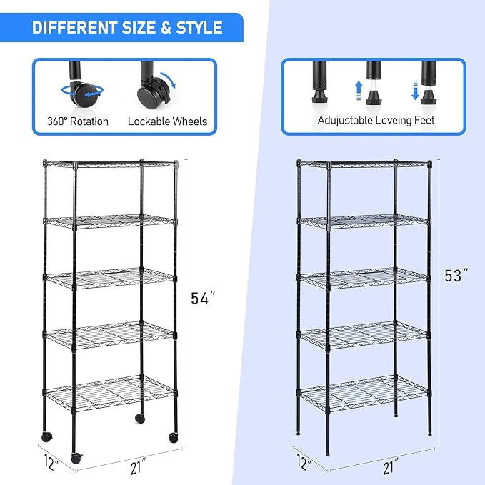 Simple Deluxe 5-Tier Storage Shelves, 21" W x 12" D x 54" H Adjustable Heavy Duty Wire Metal Shelving Unit, Black