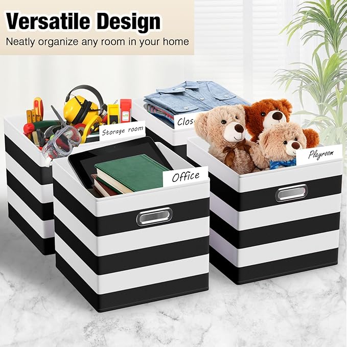 CroBlissful 13 Inch 6 Pack Fabric Storage Cubes with Metal Handles, Back to School Collapsible Organizer Bins for Classroom, Closet, Student Room, Toys and School Supplies (Black and White)