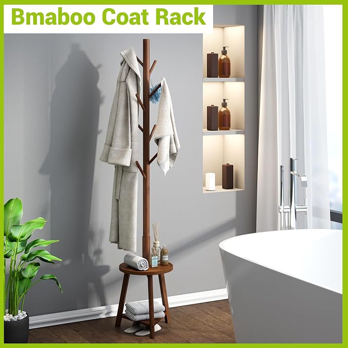 BMOSU Coat Rack freestanding Stand with 2 Shelves Bamboo Wooden Coat Tree Easy Assembly 8 Hooks Standing Jackets Hanger Hallway Office Floor Coat Stand Brown
