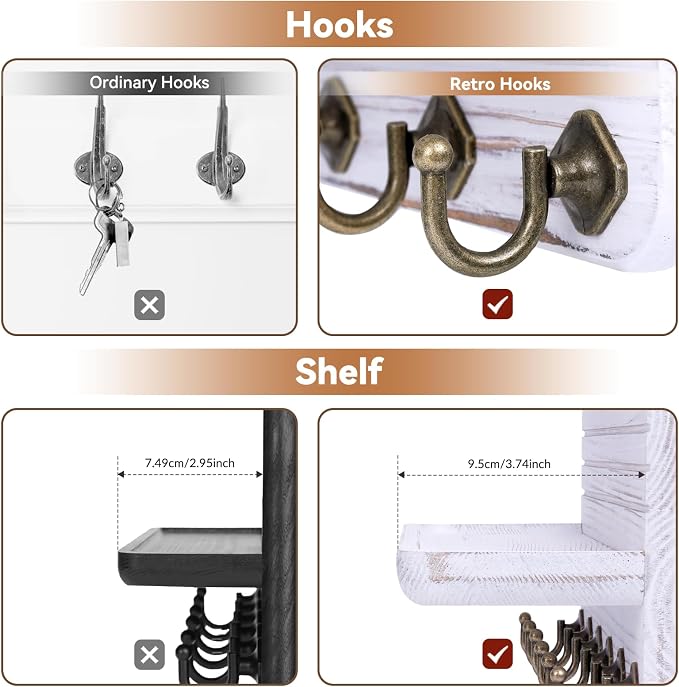Key Holder for Wall, Mail Organizer Wall Mount with 6 Hooks Wooden Hanging Key Rack for Home Decor, Hallway, Entryway (Vintage White)