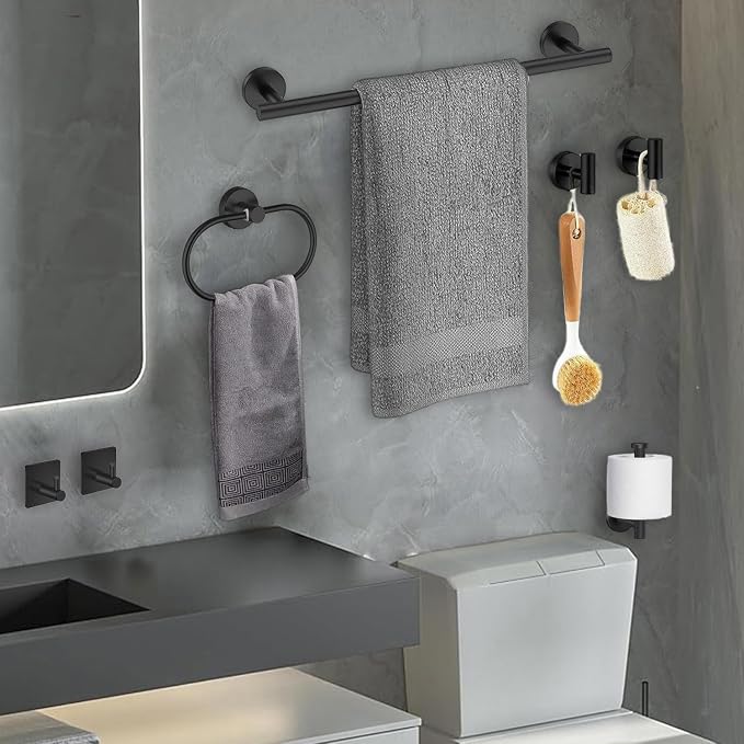 Black Bathroom Accessories Set, 7 Pieces Black Towel Bar Bathroom Hardware Set, 24 Inch Towel Racks for Bathroom, SUS304 Stainless Steel Bathroom Towel Holder Toilet Paper Holder Wall Mounted