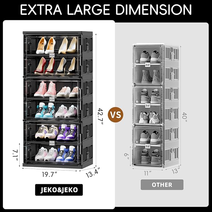 JEKO&JEKO 6 Tiers 12 Pairs Portable Shoe Organizer Storage Boxes with Magnetic Door, Folding X-Large Shoe Rack Free-Standing for Closet Entryway, Sneaker Storage Cabinet Fits US Size 12 (Black)