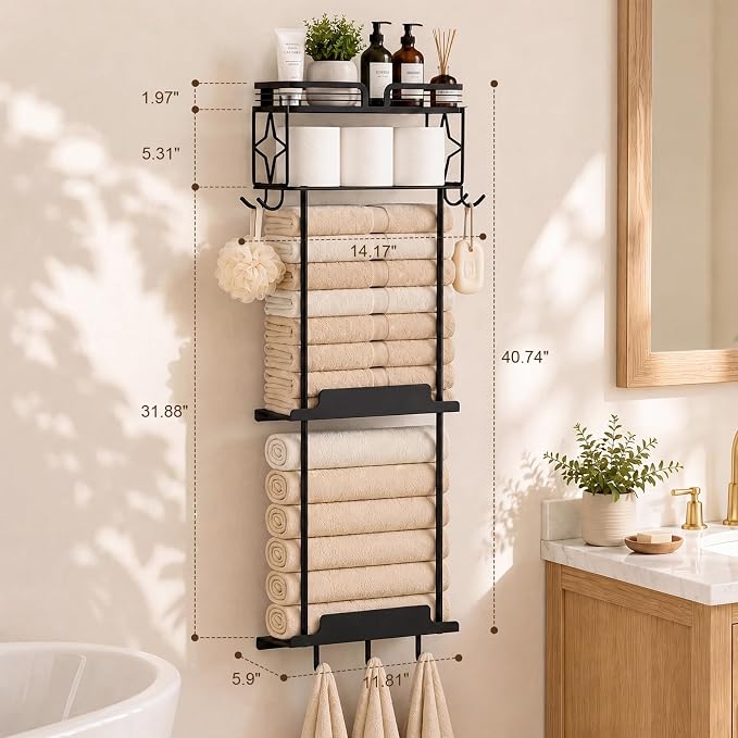 Towel Racks for Bathroom 39.9 Inch Wall Mounted Towel Rack with Shelf, Bathroom Towel Storage Holds 6 Large Rolled Towels, Metal Wall Towel Rack, Black