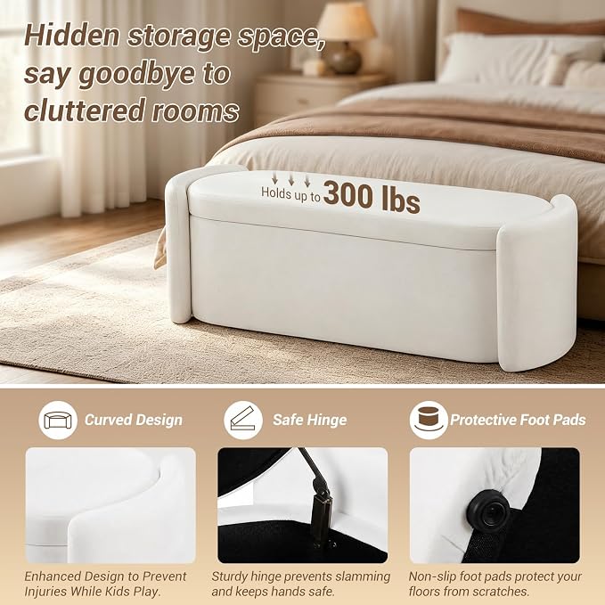 Oval White Velvet Storage Ottoman Bench, 48.8" | Velvet Upholstered Ottoman Bench with Storage, Safety Hinge, Foot Rest for Living Room, Bedroom, Small Apartment
