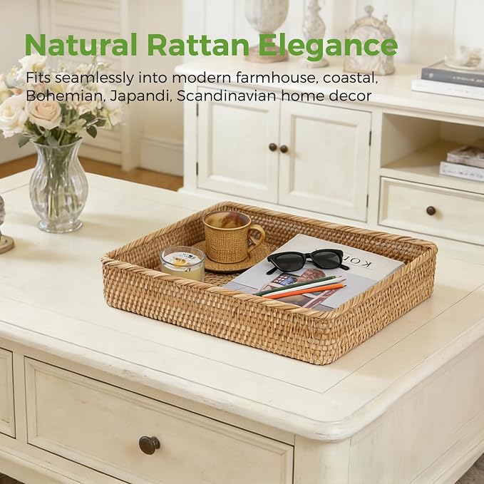 Large Rattan Serving Tray, Rectangle Wicker Storage Basket for Organizing | XL(17.7" × 13.4"), Natural Rattan, Decorative Woven Tray Wicker Basket for Storage, Home Decor, Bathroom