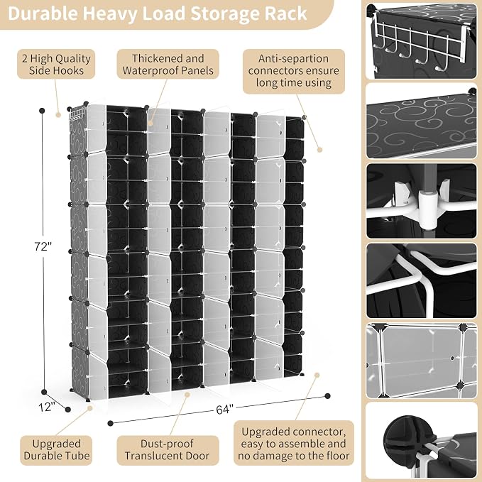 Portable Shoe Rack Organizer with Door, 96 Pairs Shoe Storage Cabinet Easy Assembly, Plastic Adjustable Shoe Storage Organizer Stackable Detachable Free Standing DIY Expandable 12 Tier Black