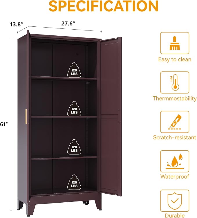 COFaR Metal Pantry Cabinet, Kitchen Storage Cabinets with 2 Barn Door, 3 Adjustable Shelves and Legs, for Cupboard/Dining Room/Bathroom/Living Room/Office/Laundry Room (Red, 61" Farmhouse)
