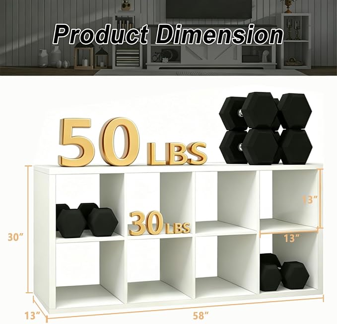 8 Cube Storage Organizer Shelf, White, 13 inch | Wooden Thick Frame, Anti-Tipping Kits, Reversible Open Back Bookcase, Horizontal and Vertical Dual-use, Standing Bookshelf