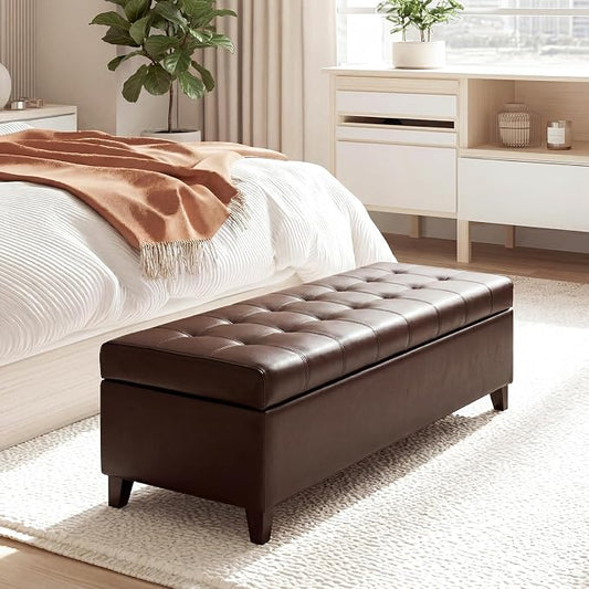 Joveco Storage Ottoman Bench, 51 Inch Leather Tufted Bench for End of Bed, Bedroom, Living Room, Brown