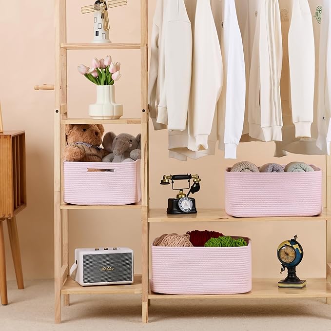 MiniArk Large Storage Baskets for Shelves, 17 x 13 x 7.5” Closet Organizers Bins for Clothes Blanket Towels, Baby Nursery, Toy Baskets Box, Woven Rope Baskets, 3 Packs Light Pink