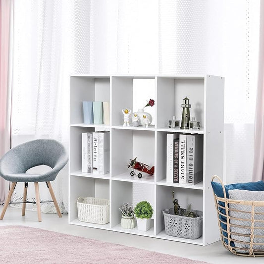9 Cube Storage Organizer, Wooden Bookshelf Cube Storage, Freestanding Bookcase W/5 Removable Back Panels, Display Shelf Bedroom, Living Room, Home, Office, White