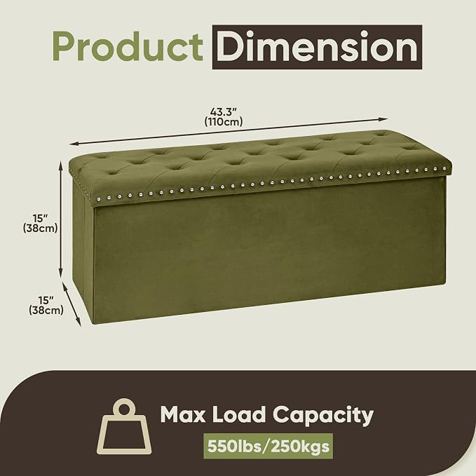 Velvet Storage Ottoman Bench, 43.3" Upholstered Tufted Ottoman with Storage, Folding Footrest Bench for Bedroom, Living Room, or Entryway, Holds up to 660 LBS,Olive