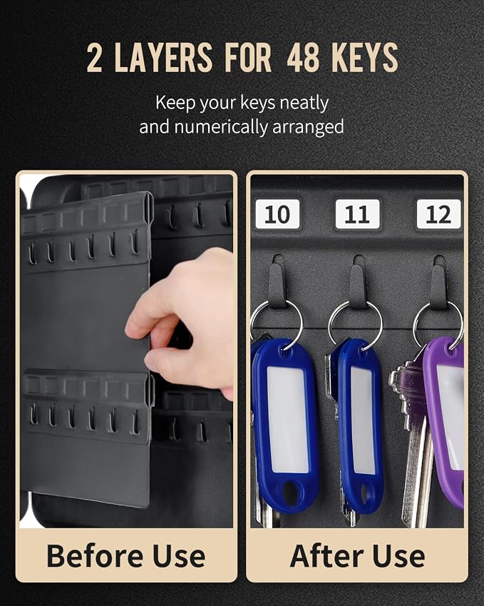 Uniclife 48-Key Steel Key Cabinet with 2 Unlocking Keys Wall Mounted Key Organizer Black Frosted Security Box with Hooks and Key Tag Labels Identifiers in 9 Assorted Colors