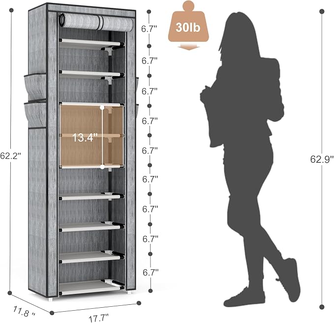 VILICK Shoe Rack with Cover Narrow Shoe Rack Organizer with 4 Side Pockets 10 Tier Tall Shoe Storage Shoe Shelf Holds 18-22 Pairs Shoes and Boots Shoe Rack for Closet, Printing
