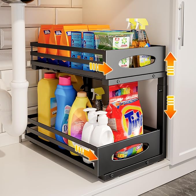 Under Sink Organizer, 2 Tier Under Sink Organizers and Storage, Adjustable Height, Slide out Metal Cabinet Organizers, Pull out Cabinet Storage Drawer Shelf for Kitchen Bathroom (Black, 1 Pack)