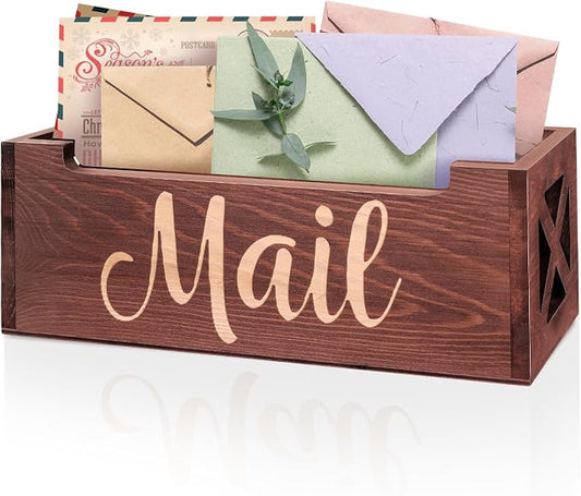 Wooden Mail Organizer Countertop | Farmhouse Brown Mail Holder for Wall | Rustic Desk Mail Sorter Basket Letter Holder for Home Office Entryway Decor