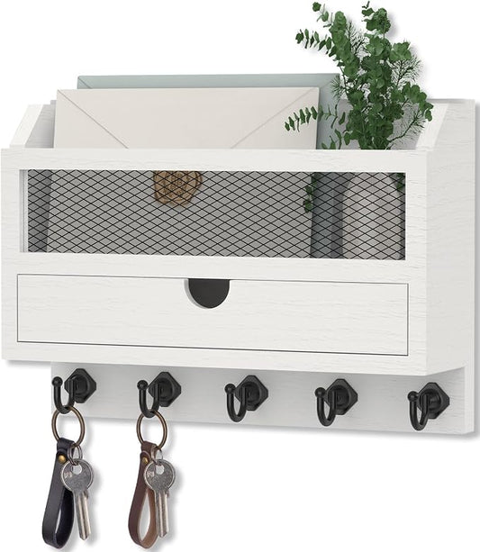 Nekon Key and Mail Holder for Wall, Key Organizer with 5 Hooks & Storage Drawer, 11" W x 7.9" H x 3.1" D Wooden Key Rack for Entryway and Home Decor (White)