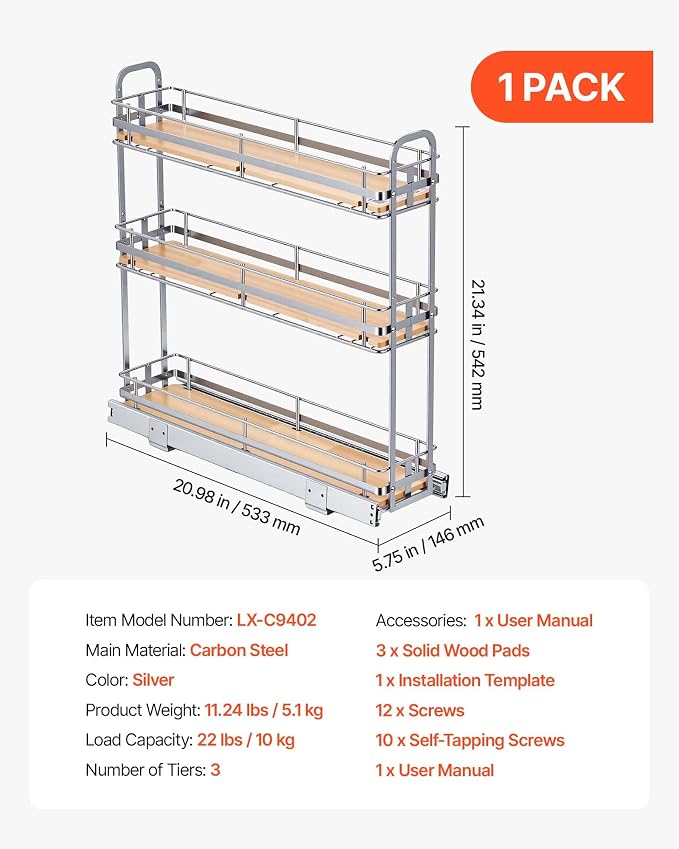 VEVOR Pull Out Spice Rack Organizer for Cabinet, 3 Tier Slide Out Spice Rack Organizer, Height Adjustable Heavy Duty Metal Seasoning Kitchen Basket for Cabinets, 5.75" W x 20.98" D x 21.34" H, Silver