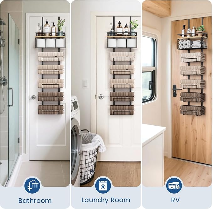 Aetyord Towel Racks for Bathroom Over The Door Towel Racks Towel Storage Organizer with Metal Shelf Basket for Bathroom Rv Camper (7-Tier Black with Wood Plank)