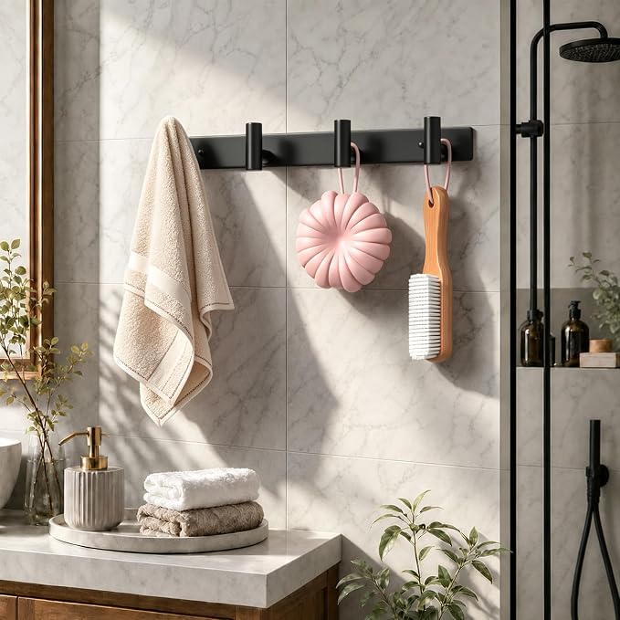 Coat Rack Wall Mounted-4 Hooks, Heavy Duty Stainless Steel Wall Hooks for Towel Coat Bag, Hat Rack Coat Hanger Coat Hooks Towel Racks for Bathroom Entryway Kitchen Hotel (Black, 2 Packs)