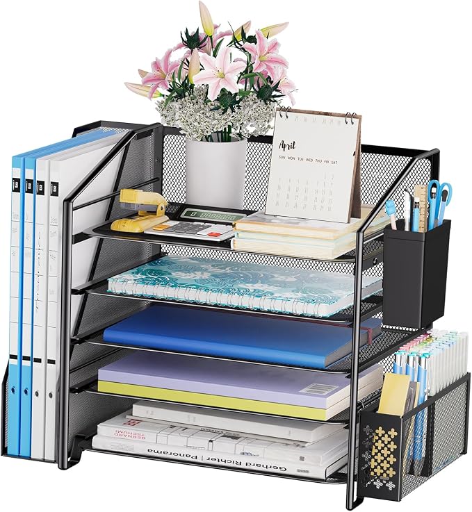 Simple Trending 5-Tier Desk File Organizer, Paper Organizer, Black | Adjustable Letter Trays, Pen Holder & File Shelf, Durable Steel Mesh, Space Saving, for Home Office, 17.5"L x 9"W x 13"H