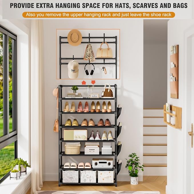 Shoe Rack 7 Tier Shoe Organizer Storage 21-28 Pairs | Closet Shoes Rack for Front Door Entrance Shoe Rack Organizer with Hooks Side Pocket Entryway Large Capacity Shoe Shelf Tower