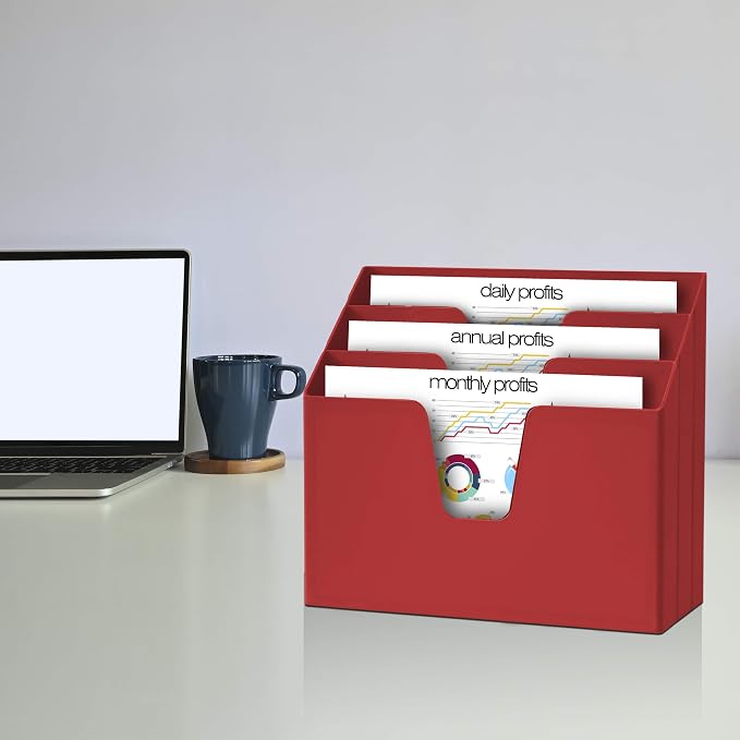 Acrimet Horizontal Triple File Folder Organizer Sorter, Letter Size, Red | 3 compartments to separate and organize documents, folders and papers