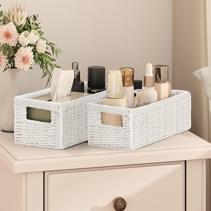 Wicker Storage Basket, Set of 2 Hand-Woven Paper Rope Wicker Baskets for Organizing Decor Storage Bins for Counter Shelves Pantry Basket Small Toilet Paper Basket for Toilet Tank Top, White