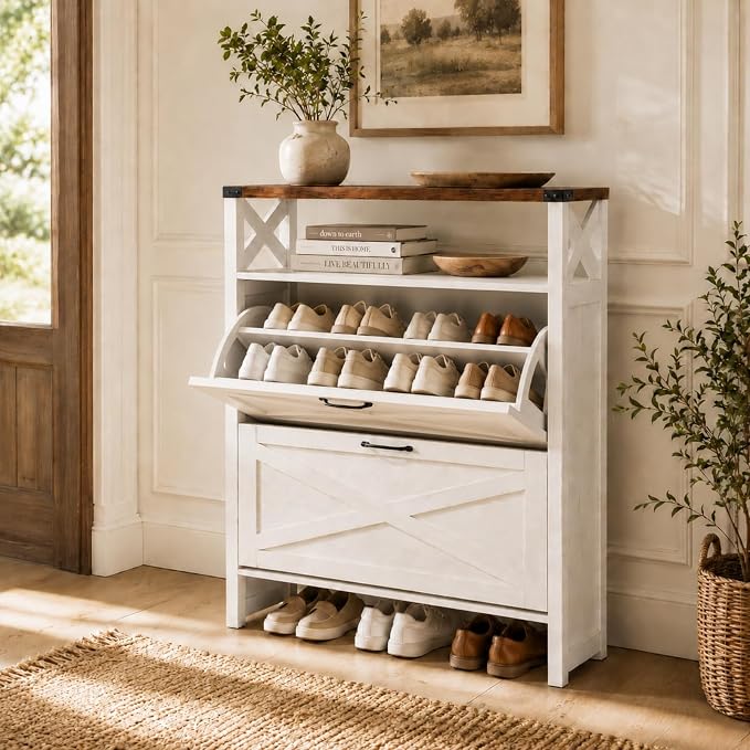 VINGLI Farmhouse Shoe Cabinet with 2 Flip Drawers, Slim Entryway Shoe Storage Organizer with Open Shelf, Freestanding Wood Shoe Rack for Hallway, Rustic White & Brown (31.5" W)