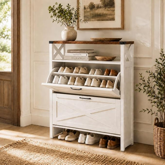 VINGLI Farmhouse Shoe Cabinet with 2 Flip Drawers, Slim Entryway Shoe Storage Organizer with Open Shelf, Freestanding Wood Shoe Rack for Hallway, Rustic White & Brown (31.5" W)