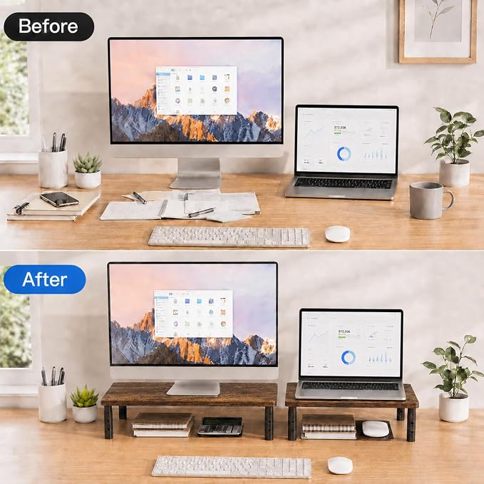 Adjustable Monitor Stand Riser for Desk, Computer & Laptop Stand, Desk Organizers and Accessories, Office Desk Accessories & Workspace Organizer for Home Office, Brown Wood 2-Pack