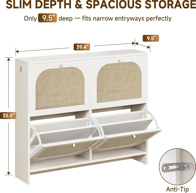 Nicetree Freestanding Ultra Slim Arched Rattan Accent Shoe Storage Cabinet for Entryway - 4 Flip Drawers & 3-Tier Adjustable Shelves, Farmhouse Modern Rustic Shoe Rack for Hallway Foyer,Cloud White