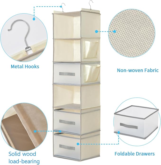 6-Tier Hanging Organizer w/ 3 Drawers,Side Pockets for Closet,Beige | Suitable for all wardrobe storage, with strong load-bearing capacity and easy to disassemble and assemble.