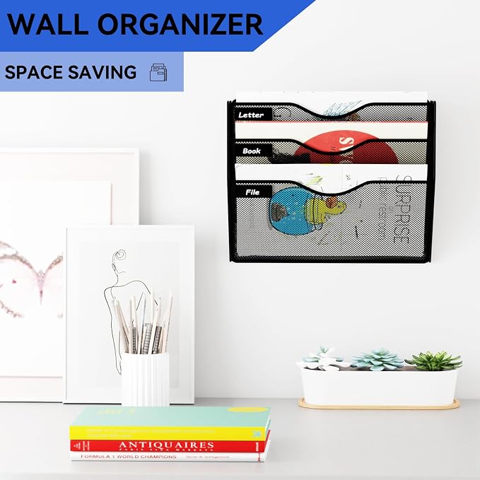 3 Pockets Hanging Wall File Organizer Mail Holder, Wall Mounted Paper Document Folder Holder, Clipboard Storage Organization Magazine Rack, Black