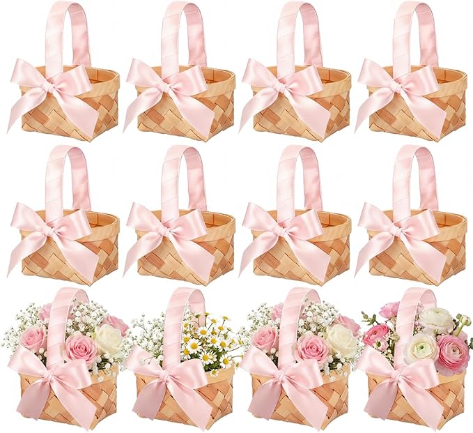 12 Pcs Mini Flower Girl Basket Mini Woven Baskets with Handles Wood Chip Flower Fruit Picnic Holder with Pink Ribbon Chip Bucket for Wedding Party Gifts Baby Shower Birthday Party Decoration