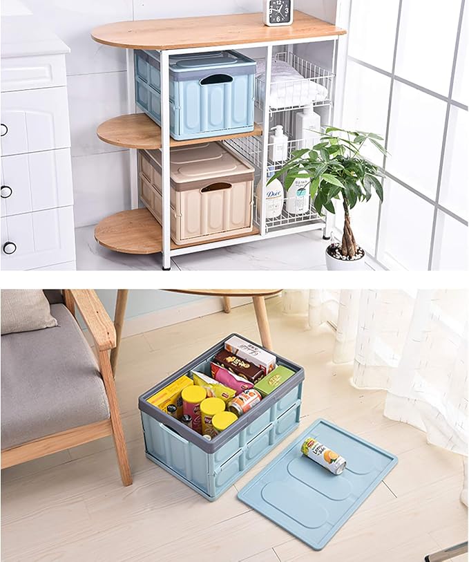 Lidded Storage Bins 2 Pack 30L Collapsible Storage Box Crates Plastic Tote Storage Box Container Stackable Folding Utility Crates for Clothes, Toy, Books ,Snack, Shoe, and Grocery Storage Bin-Blue