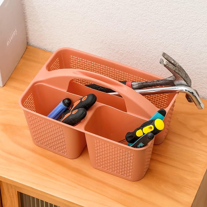 Plastic Portable Shower Caddy Basket with Handle, 3 Compartments, Orange | Storage Organizer with Drain Holes, Sturdy and Durable For Bathroom, Kitchen, College Dorm, Sink, Camping
