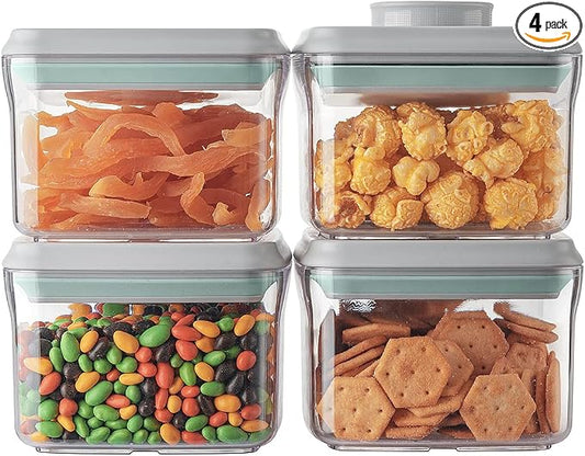 Ankou Airtight Container Set - (380ml 4 Pcs) Stackable One Button Openning Food Containers for Snacks Candy Salt Herbs Spices BPA-Free Tranparent (0.32 QT * 4)