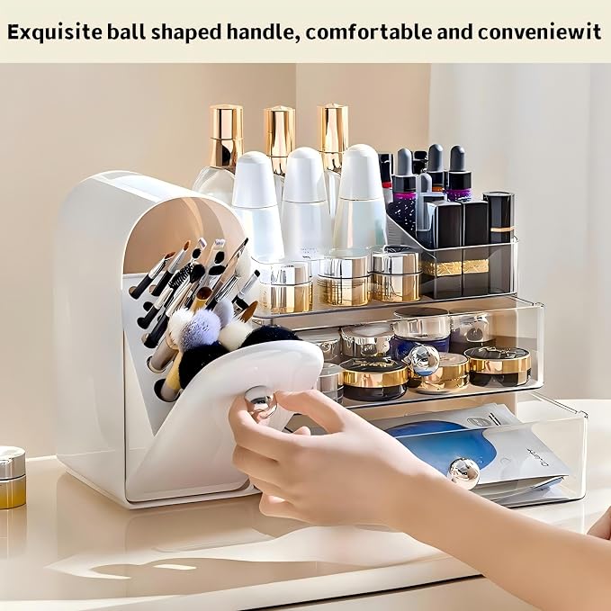 Makeup Organizer for Vanity with Brush Holder,Skincare Organizer | Large Makeup Storage,Bathroom Counter Organizer,Waterproof,Dustproof,Vanity Organizer Countertop,Durable,Easy-Clean,White