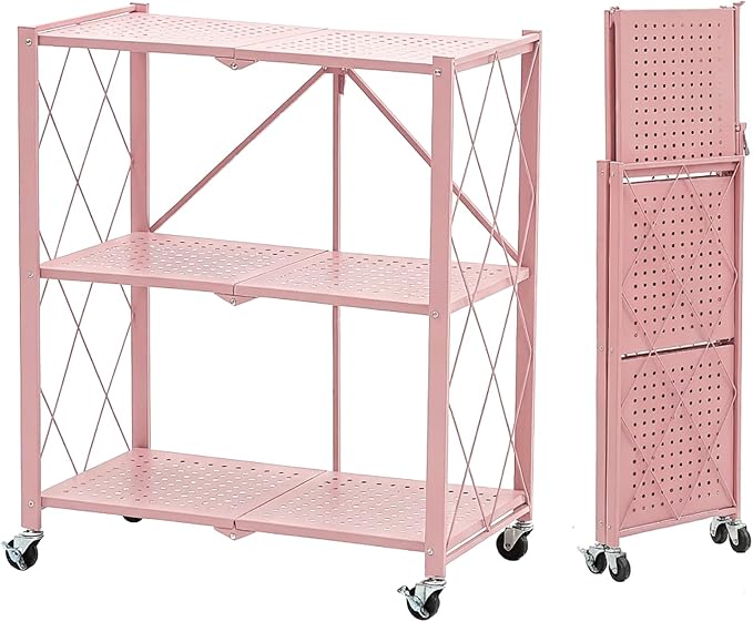 BRIAN & DANY 3-Tier Foldable Storage Shelves with Wheels, No Assembly Folding Shelf Metal Rack, Shelving Unit for Kitchen, Garage, Pink