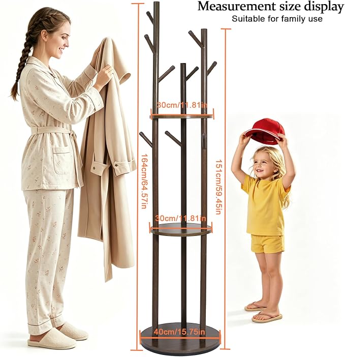 360° Rotating Wooden Coat Rack,9 Hooks & 3 Shelves Walnut Entryway Coat Tree Garment Stand for Hat Scarf Handbag