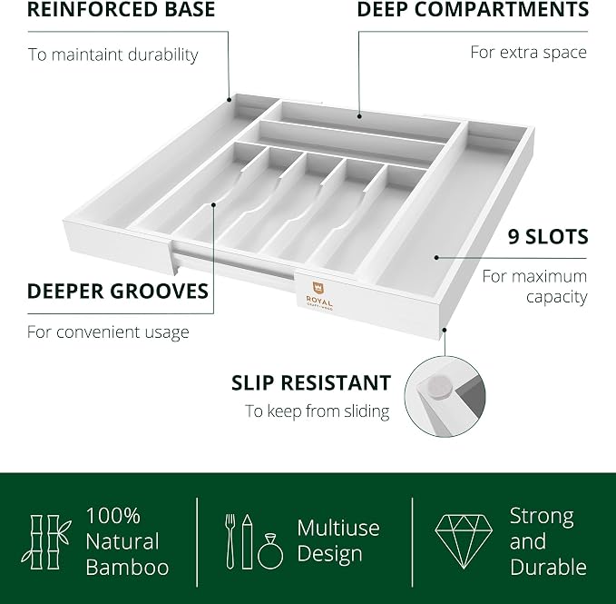 ROYAL CRAFT WOOD Luxury Bamboo Kitchen Drawer Organizer - Silverware Organizer - Utensil Holder and Cutlery Tray with Grooved Drawer Dividers for Flatware and Kitchen Utensils (9 Slot, White)