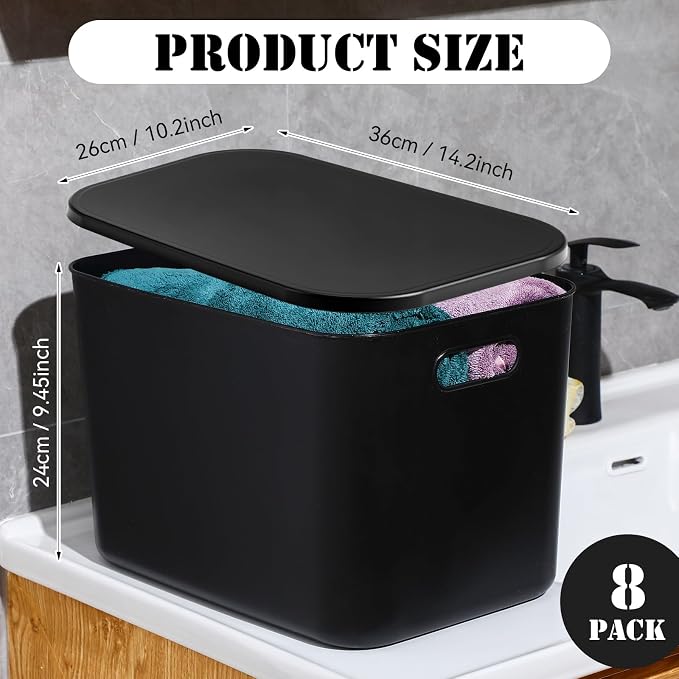 8 Pieces Colorful Storage Bins with Lid, Plastic Storage Basket Organizing Container Stackable Box with Handle for Shelves Desktop Playroom Office(14.2 x 10.2 x 9.5 Inch,Black)