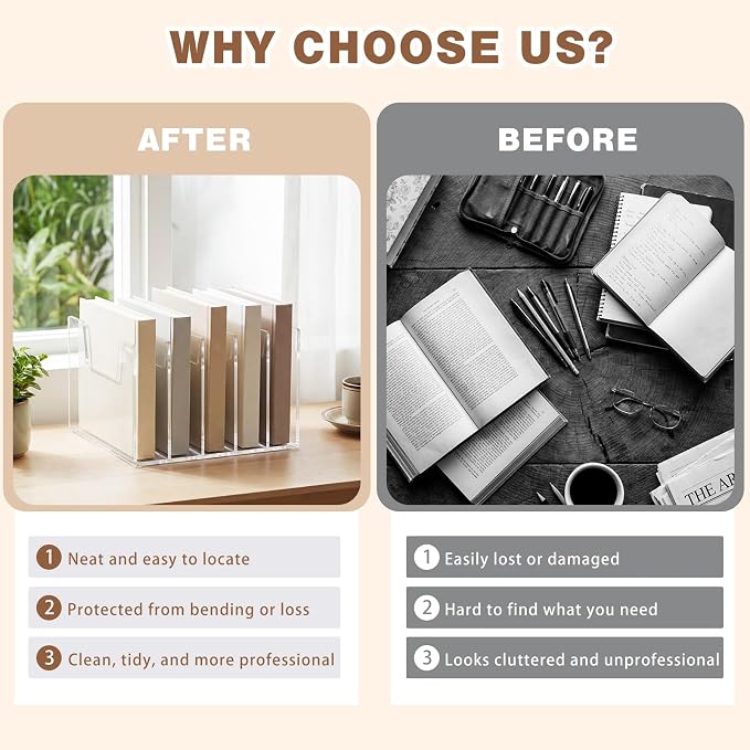 5 Section Clear Acrylic Desktop File Organizer Vertical File Sorter 4mm Thick, Large Capacity Upright Magazine Organizer, Book Paper, Notebooks, Envelopes, Mail Holder
