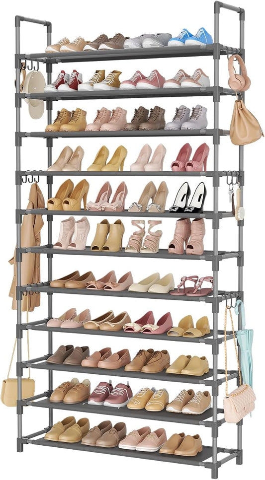 LANTEFUL 11 Tiers Tall Shoe Rack Holds 55 Pairs of Shoes with 18pcs Hooks Sturdy Wide Shoe Organizer Storage Free Standing Metal Shoe Shelf for Closet, Entryway Grey