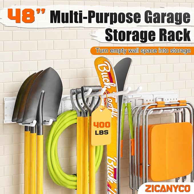 Garage Tool Organizer Wall Mount 49.5 inches with 10 Adjustable Heavy-Duty Hooks, Garage Organization, Garden Tool Storage Rack for Garage, Yard, Shed, Holds Up to 400 lbs, White