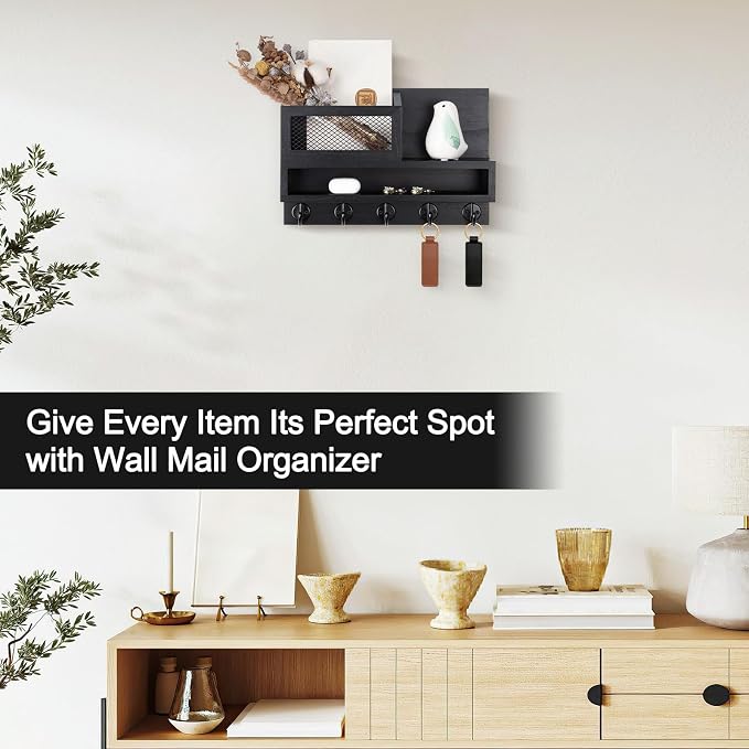 Key and Mail Holder Wall Mount, Key Hanger with Long Storage Box and 5 Hooks for Coat, Dog Leash, Home Decor Rack, House Accessories, Entry Way Organizer 11.8”W x 7.8”H x 3.2”D