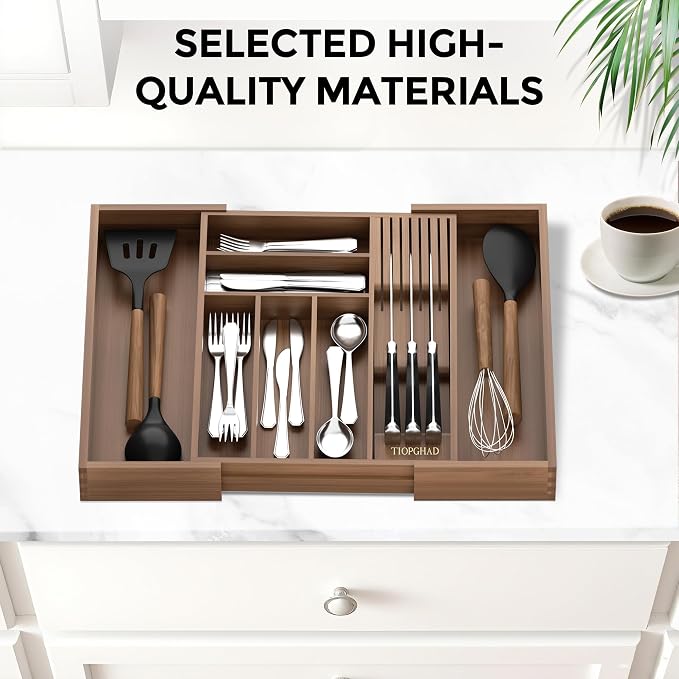Expandable Bamboo Silverware Organizer with Knife Block, Brown | 12.6-21.45 x 16.3 x 2.13 in, Holds 7 Knives, Removable Knife Block, Adjustable Dividers, Drawer Insert for Utensils, Forks